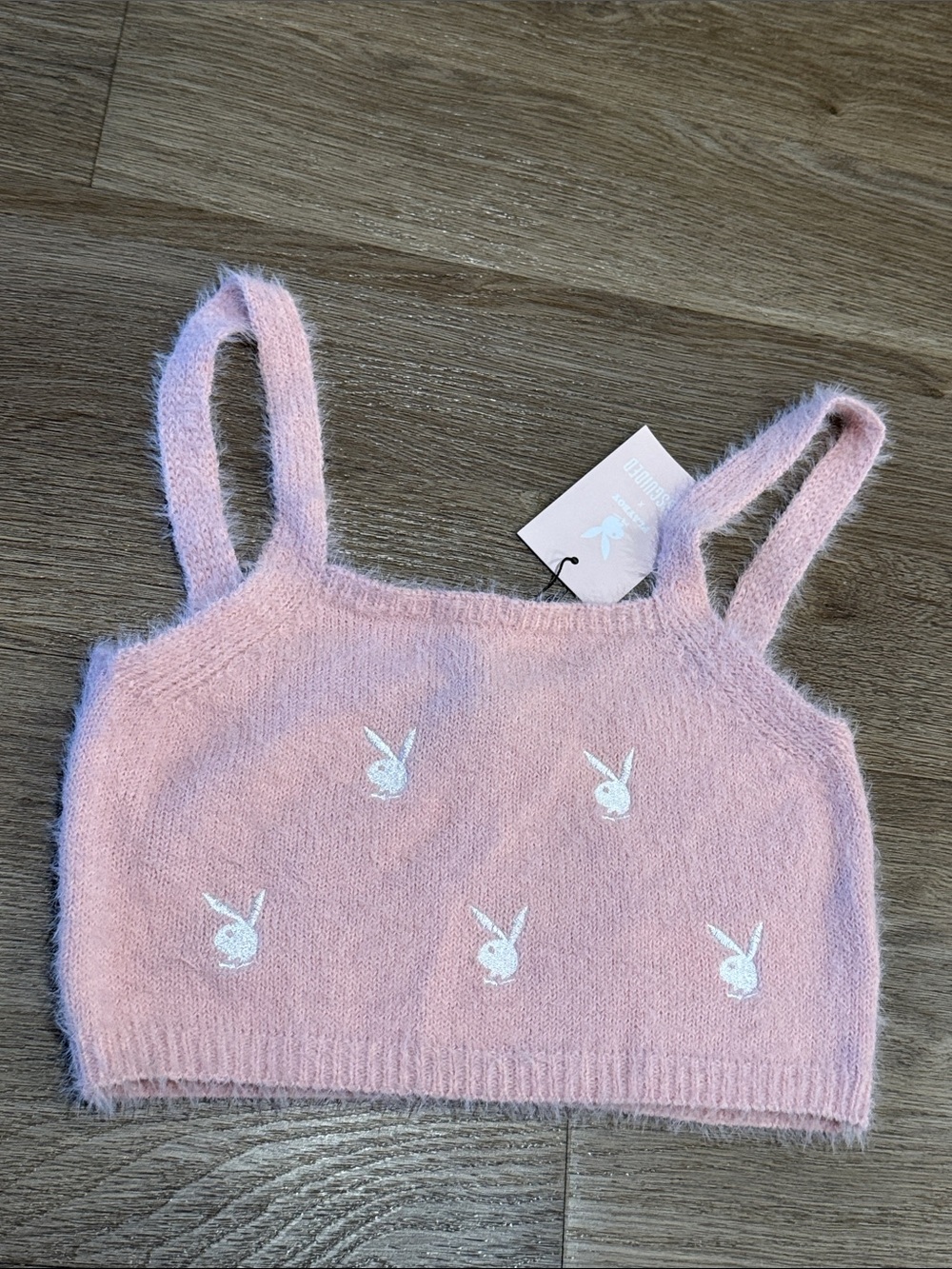 PLAYBOY Light Pink Fuzzy Embroidered Bunny Crop Tank